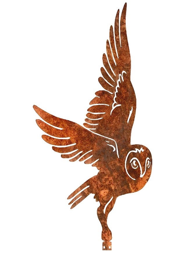 LUMINZENLUX Rusty Metal Owl Garden Ornament - Flying Owl Statue for Outdoor Decor, Fence Decoration with Mounting Screws, Vintage Rustic Bird Sculpture for Yard, Patio & Lawn - Image 1